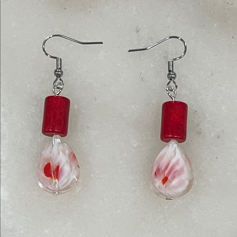 Red and White Swirl Dangle Crystal Earrings